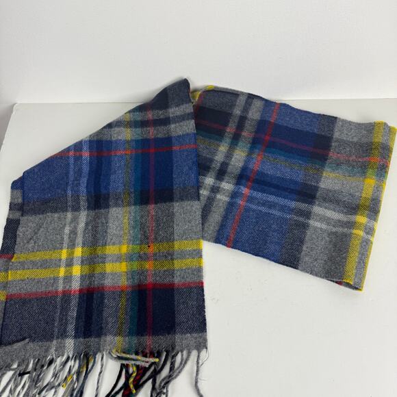 J. Crew x Abraham Moon Merino Wool Plaid Scarf Gray Blue Yellow Fringe 68 x 11.5 - Picture 2 of 7